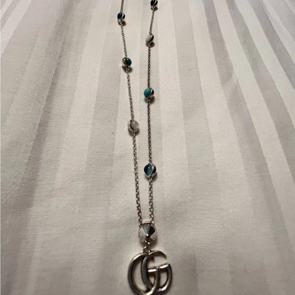 Necklace Gucci Marmont GG Pendant Ladies Silver 42cm Turquoise New with Box